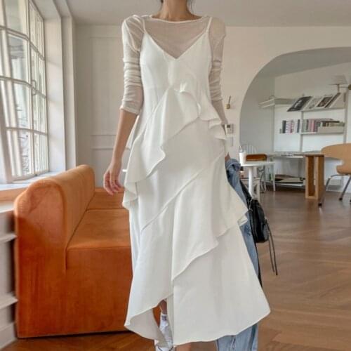 Summer French sweet girlish Ruffle irregular V-neck suspender dress temperament Fairy Dress Spaghetti Strap V-Neck