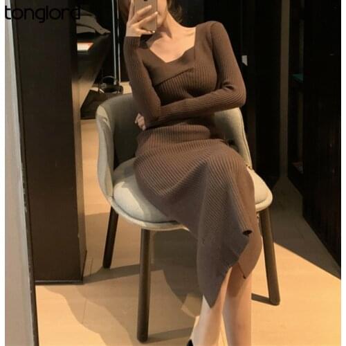 Autumn Retro Irregular Cross V-Neck Knitted Dresses For Winter Women Long Sleeve Long Dresses Female Sweater Bottoming Dress New