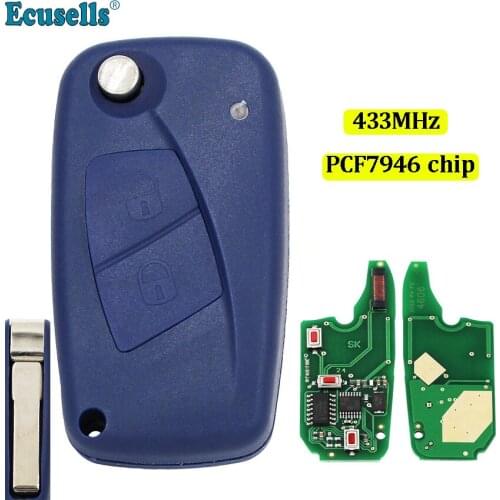 2 Button flip Remote Key 433Mhz PCF7946 Chip with Uncut Blade For Fiat 500 Panda Idea Punto Stilo Ducato Blue