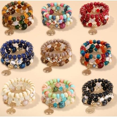3pcs/set Fashion Multilayer Crystal Beads Tree of life Pendant Tassel Bracelets & Bangles Pulseras Mujer Jewelry for Women Gift