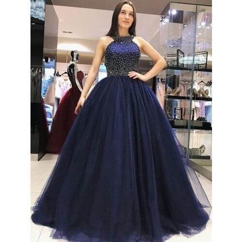 Custom-made Ball Gown Prom Dress Open Back Sleeveless Beadings Tulle Women Elegant Formal Evening Dresses Vestidos de Gala