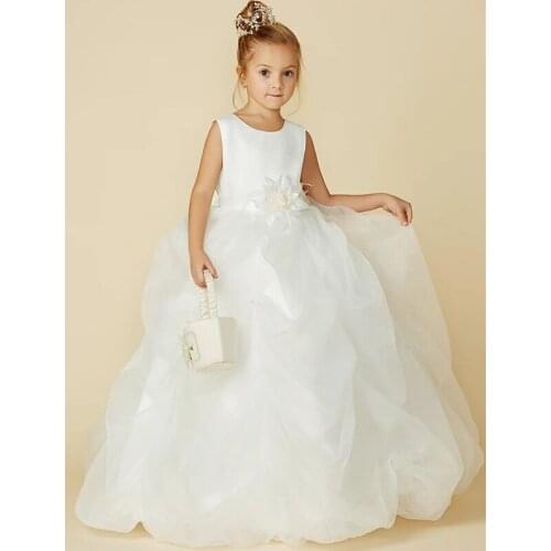 Ball Gown Floor Length Flower Girl Dresses Wedding Organza Sleeveless Jewel Neck with Sash / Ribbon / First Communion