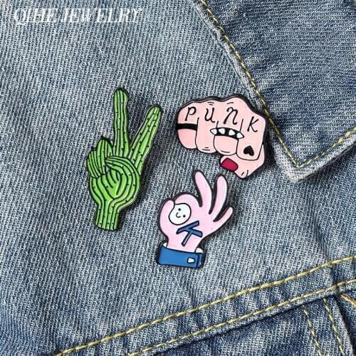 QIHE Jewelry Cartoon Gesture Enamel Pins 'OK' 'PUNK' 'YEAH' Fun Brooches Badges Fashion Pin Gifts for Friends Wholesale