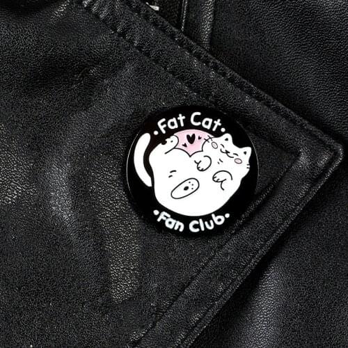Fat Cat Fan Club Enamel Pin Cartoon animal Brooches for Women Kitty Round Lapel Pins Clothes bag Badges Jewelry Gifts