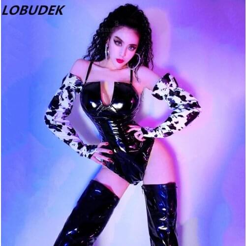 Custom Dance Costumes Women DJ Singer Sexy Bar Nightclub Stage Wear Black PU Leather Sling Bodysuit Gloves Dancer Show Outfit