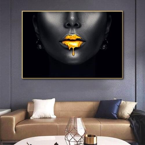 Large Size Golden Sexy Lips Oil Painting HD Print Canvas Painting for Living Room Black Woman Picture Poster Modern Home Decor