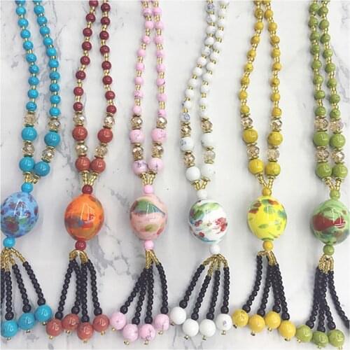 Ceramic Beads Ethnic Style Necklace Handmade Long Tassel Colorful Necklace Chain DIY Fashion Ethnic Jewelry