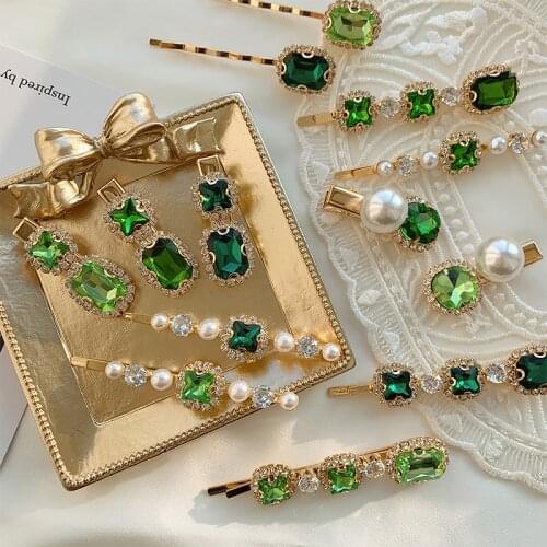 Korea Vintage Emerald Hairpins Geometrical Rhinestones Hair Clips For Women Girls Barrettes Hair Accessories Rhinestones Hairpin