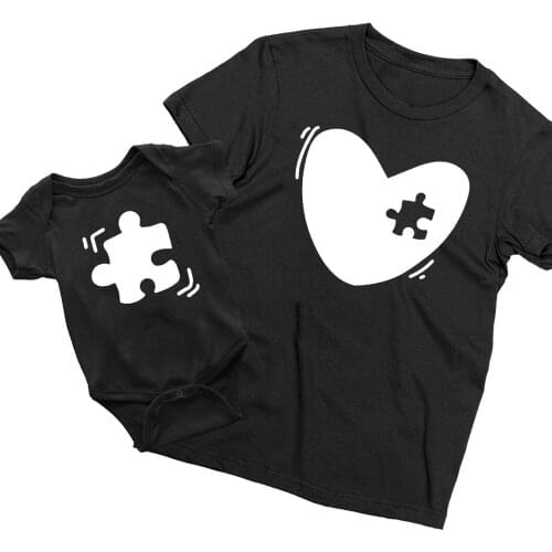 Mom Child Matching T-Shirt and One Piece Set Mommy Me Outfit Heart Puzzle Piece Set Baby Shower Gift Mama and Mini Wear