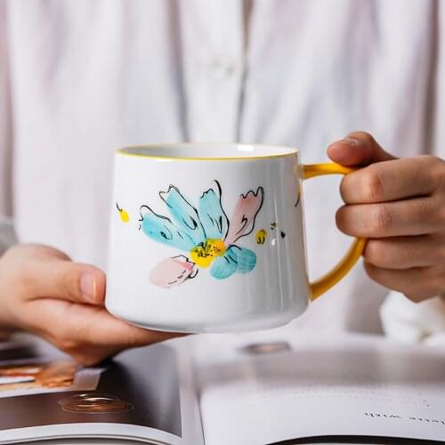 Cute Hand-Painted Ceramic Breakfast Cup 320ml Cartoon Flowers Pattern Milk Oat Coffee Mug Underglaze Pottery Cups for Home Gift