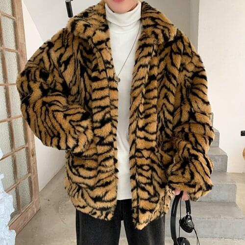 Mens Faux Fur Leopard Mixed Colors Furry Coats Thick Warm Winter Snow Peacoats Outwear Boys New 2021