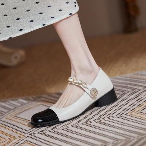 SONDR New Fashion Leather Pearls Med Heels Shoes Women Casual Office Pumps Low Heel Mouth Slip On Work Shoes