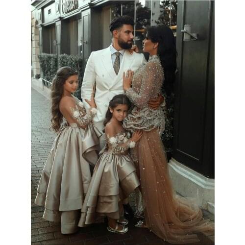 Pearls Glitter Flower Girl Dresses Single Bow Shoulder Ball Gown Girl Wedding Party Dresses Girl Communion Dress New Year 2021