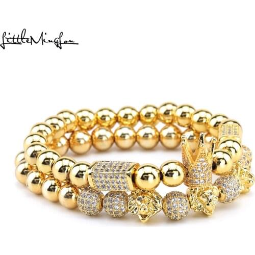 Luxury Crown bracelets set Pave Cubic zirconia ball lion head Charms beads handmade men Bracelets & Bangles for men Jewelry