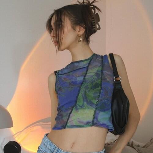 Sexy t-shirt for women vintage see-through mesh Corset y2k Tank Crop Top gothic tie dye Summer Aesthetic sleeveless clothes 2021