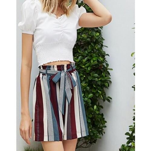Female Shorts Adults Striped High Elastic Waist Short Pants with Waist Belt for Summer Wine Red XS/S/M/L