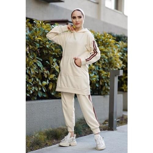 Hooded 2 Pieces Sports Women’s Set, Shirt and Pant Double Suit Plus Size Islamic Fashion Muslim Clothing Turkey Dubai 2021