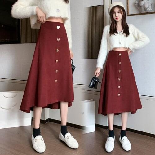 Vintage Button Front Irregular Corduroy Midi Skirts Womens Autumn Winter High Waist A-line Skirt Korean Ladies Red Black Skirt