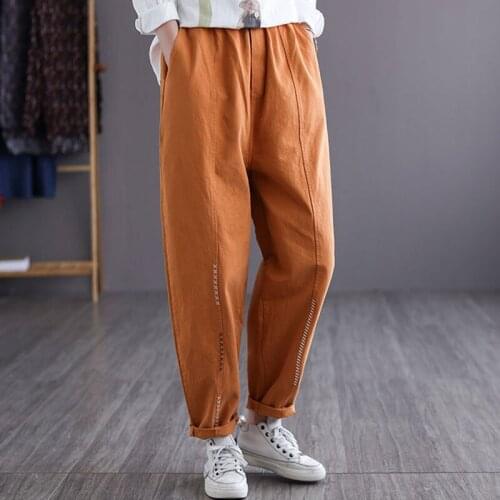 Women Cotton Linen Ankle-length Casual Pants New 2021 Spring Simple Style Embroidery Elastic Waist Female Harem Pants S3670