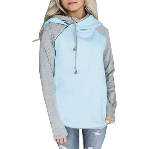 5XL Plus Size Hoodies for Women Oblique Zipper Sweatshirts Long Sleeve Hooded Tops Spliced Color Casual Pullover Blue Pink White