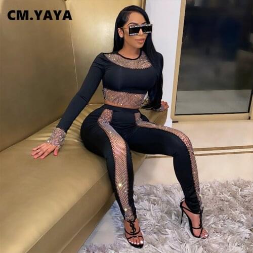 CM.YAYA Women Set Patchwork Diamonds Full Sleeve Crop Tops Pencil Pants Two 2 Piece Sets Active Tracksuit Outfits Summer 2021
