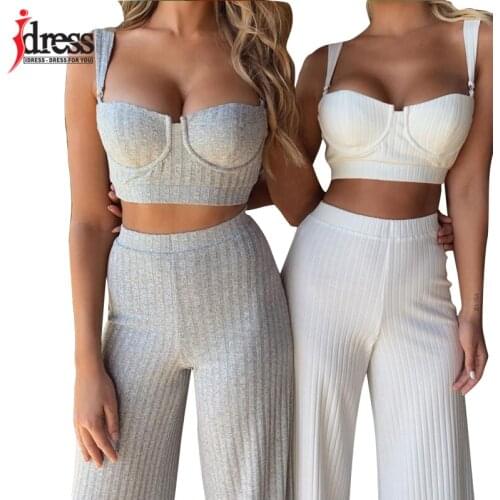 IDress Women Sexy Knitted Two Piece Sets Knitted Suit Outfit Gray White Summer 2 Piece Set Women Crop Top and Wide Leg Pants Set