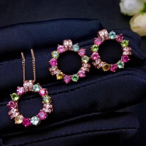 Natural Multicolor tourmaline earrings Pendant Natural Gemstone Jewelry Set 925 Silver luxurious round Women girl party jewelry