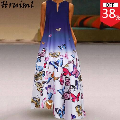 Elegant Dress Women Butterfly Print Sleeveless V Neck Ladies Summer Long Dress Plus Size Casual Loose Boho Beach Dress Vestido