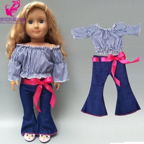 18" Girl Doll Clothes One Shoulder Flared Pants Doll Stripe Shirt Jeans Pants for 18" Doll Outfit