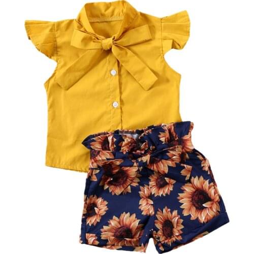 2pcs/set Infant Baby Girls Clothes Sets Ruffles Sleeve Single Breasted T Shirts Tops Sunflowers Print Shorts 1-6Y