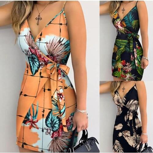 2021 Women Print Dress Fashion Sleeveless Spaghetti Strap V-Neck High Street Slimming Waist S-3XL Lace Up Bow Summer Spring