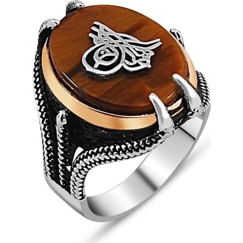 925 sterling Silver Clawed Tuğra Model Tiger Eye Stone Ring