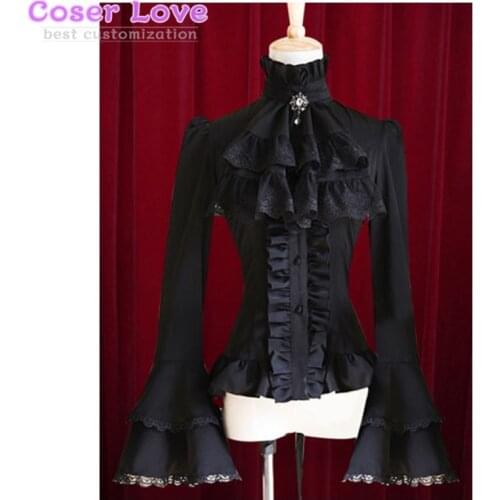 Black white gothic Lolita Blouse Bell Sleeves Ruffles Cotton Blouse for Women (without bowtie)