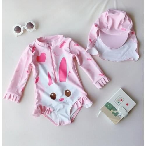 Childrens Swimsuit Girls One Piece Infant Long Sleeve Sunscreen Baby Cute Rabbit Princess Girls Swimsuit + Hat Ruffles Bottom