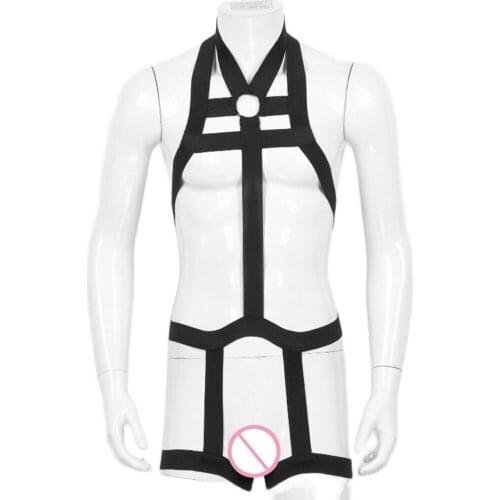 Men Halter Neck Elastic Body Chest Harness Sexy Bondage Lingerie with Straps Leg Ring Hombre Stockings Clubwear Stage Costume