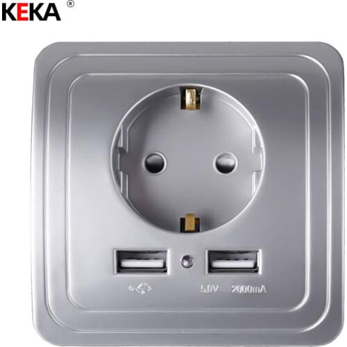 KEKA EU Dual USB Port Socket Wall Charger Adapter Charging Plug 2A Wall Charger Adapter Power Socket Silver Socket