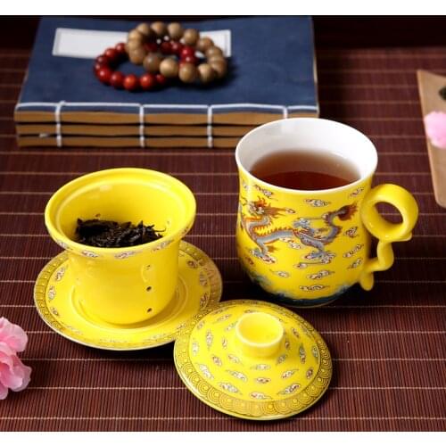 Hand-painted ceramic tea set blue and white porcelain four-piece set with lid filter cup Jinlong Cup home office drinking cup