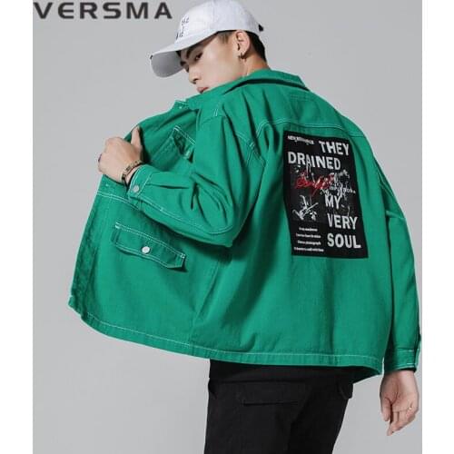 VERSMA Korean Motorcycle Vintage Jacket Men Coat Youth Clothes Hip Hop Streetwear Oversized Baggy Green Biker Jeans Denim Jacket