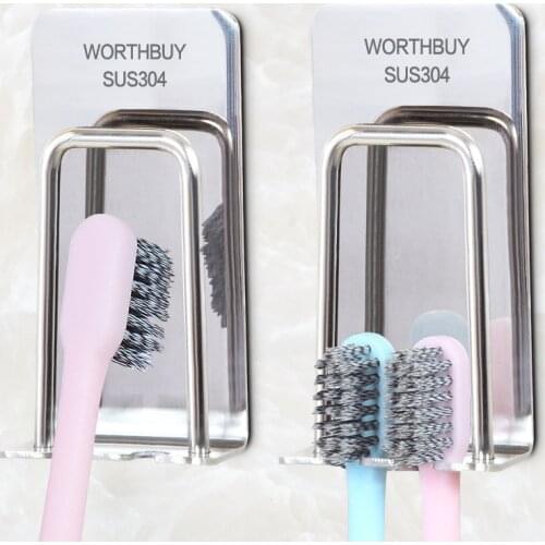Stainless Steel Tooth Brush Mug Organizer Hook Wall Self-adhesive Toothbrush Holder Mount Toothbrush Holder Bathroom Accessories