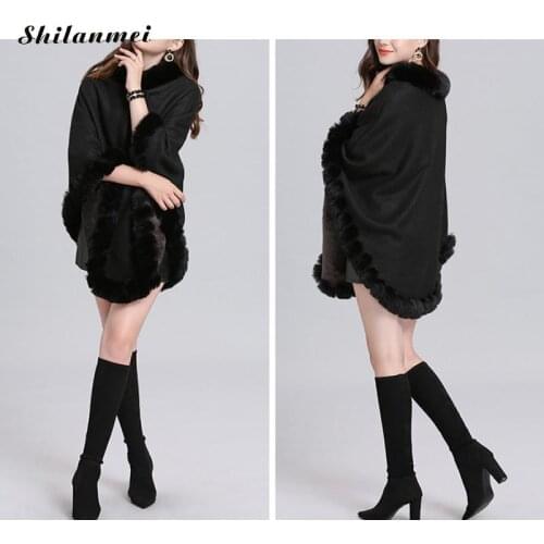 2019 Autumn Winter Women Shawl Poncho Ladies Capes With Fur Collar Knitted Triangle Fur Ponchos Female Loose Pullover Free Size