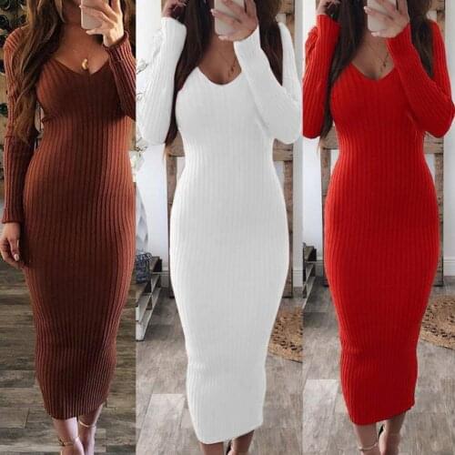 Elegant Party Women Dress Sexy Women Long Sleeve V Neck Backless Ribbed Bodycon Slim Knitted Midi Casual Office Lady Solid Dress