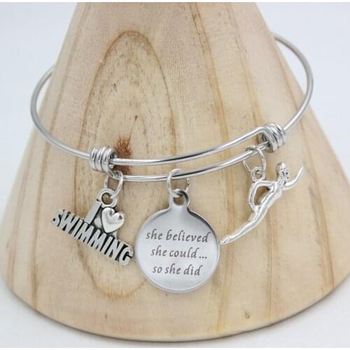 Swimmer Gifts Stainless Steel Wire Adjustable Expandble Bangle Fitness I love Swimming Charm Bracelet Bangle For Women Jewelry