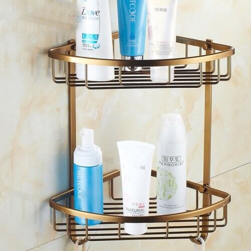 Bathroom dressin Shelf Double Tier shower Shelves Storage Rack Wall Mounted Decorative Corner Basket antique bronze