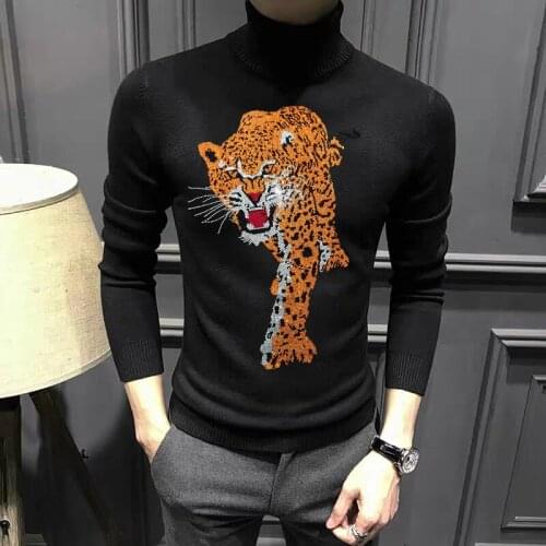 Winter Bottoming Pullover Black Men Turtleneck Sweater Super Exaggerated Tiger Hot Diamond Pattern Sweatshirt