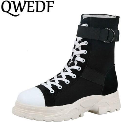 QWEDF 2019 Breathable Flat Bottom Causal Women Shoes Winter Fashion Fabric Lace Round Toe Ankle Rubber Snow Boots Women X9-70