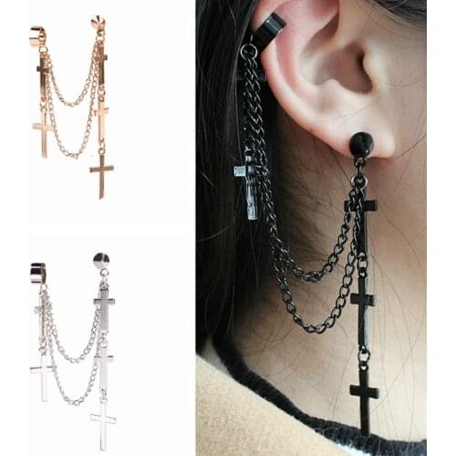 Fashion Crosses Pendent Clip Earring For Women Girls Cool Punk Style Chains Tassel Ear Wrap Cuff Earrings