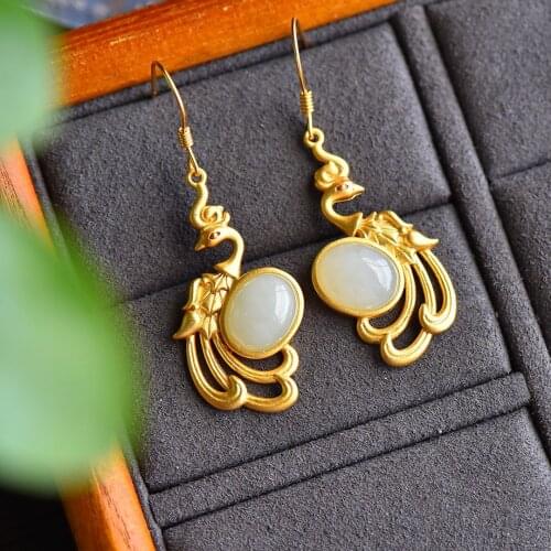 Phoenix earrings hetian jade earrings mother nature and women style restoring ancient ways style earrings gold ear hook