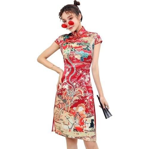 Chinese Dress Qipao Stitching Vestido Cheongsam New Year Sweatshirt Dress Red Autumn Women Buckle Thick Harajuku Dresses V1954