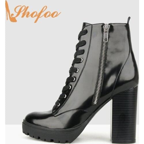 Shofoo Black Patent Leather High Square Heels Round Toe Boots Woman Zipper Platforms Booties Large Size 13 15 For Ladies Shoes