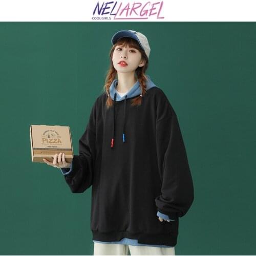 NELLARGEL Women Y2k Patchwork Harajuku Hooded Hoodies 2021 Female Vintage Korean Fashion Sweatshirts Girl Winter Hip Hop Hoodie